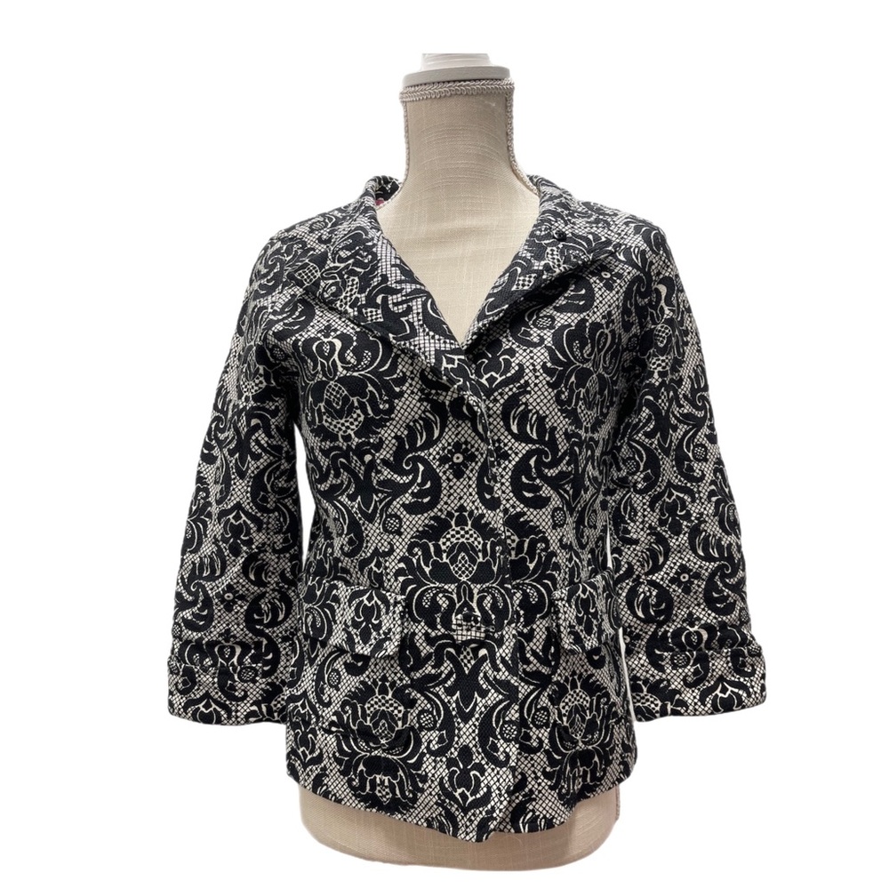 Talbots Cheongsam style Blazer Black White Filigree Size 2 EUC EXC!!
